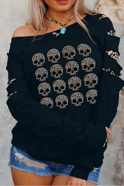 Black Leopard Peek-a-boo Sleeve Skull Graphic Sweatshirt