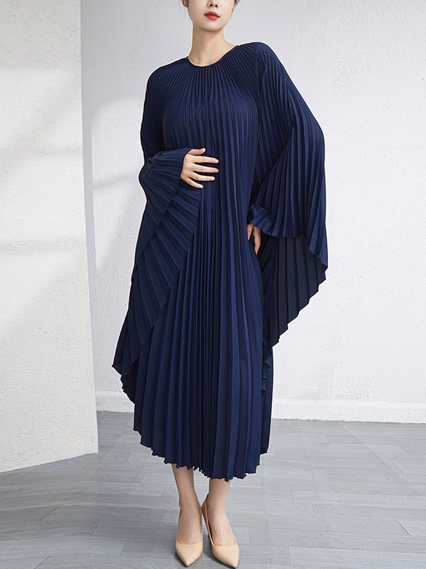 Urban Flared Batwing Sleeves Pleated Color Round-neck Midi Dresses
