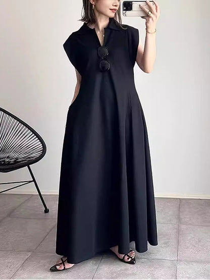 Loose Raglan Sleeve Pleated Color Lapel Maxi Dresses