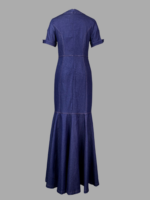 Bodycon Mermaid Buttoned Hollow Split-joint Round-neck Maxi Dresses
