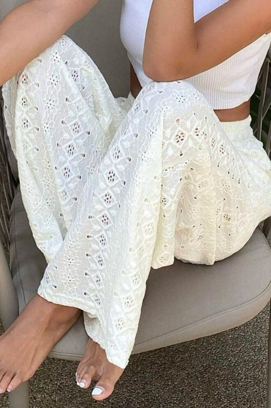 Cutout Embroidered Elastic Waist Pants