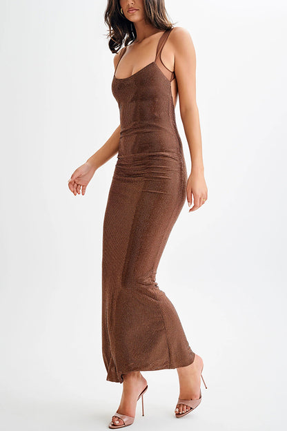 Midnight Fantasy Sequin Mesh Shoulder Strap Open Back Stretch Maxi Dress