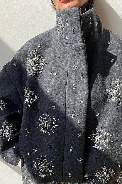 Rhinestone Turtleneck Loose Coat