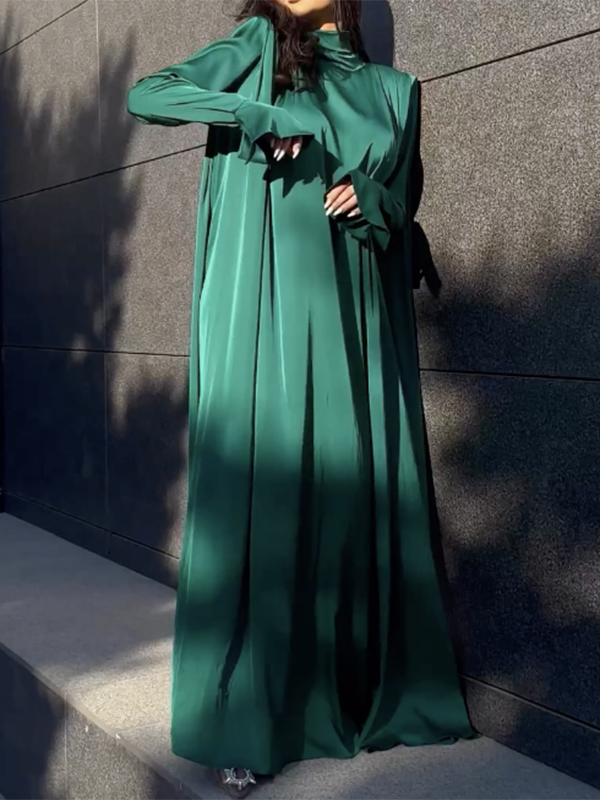 Flared Sleeves Long Sleeves Color High-neck Maxi Dresses