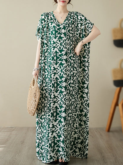 Batwing Sleeves Loose Printed V-neck Maxi Dresses