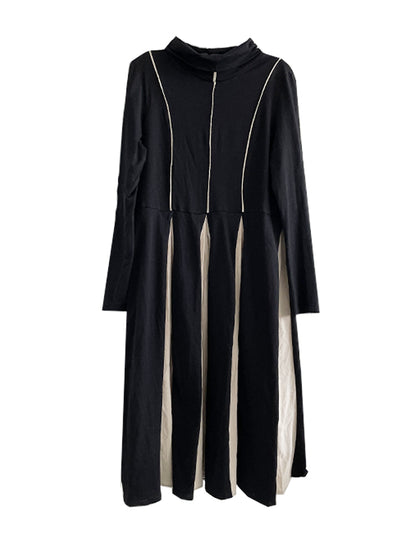 Original Contrast Color Split-joint High-neck Midi Dress