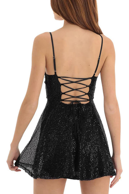 Stylish and Sequin Sling Backless Lace-up Mini Dress