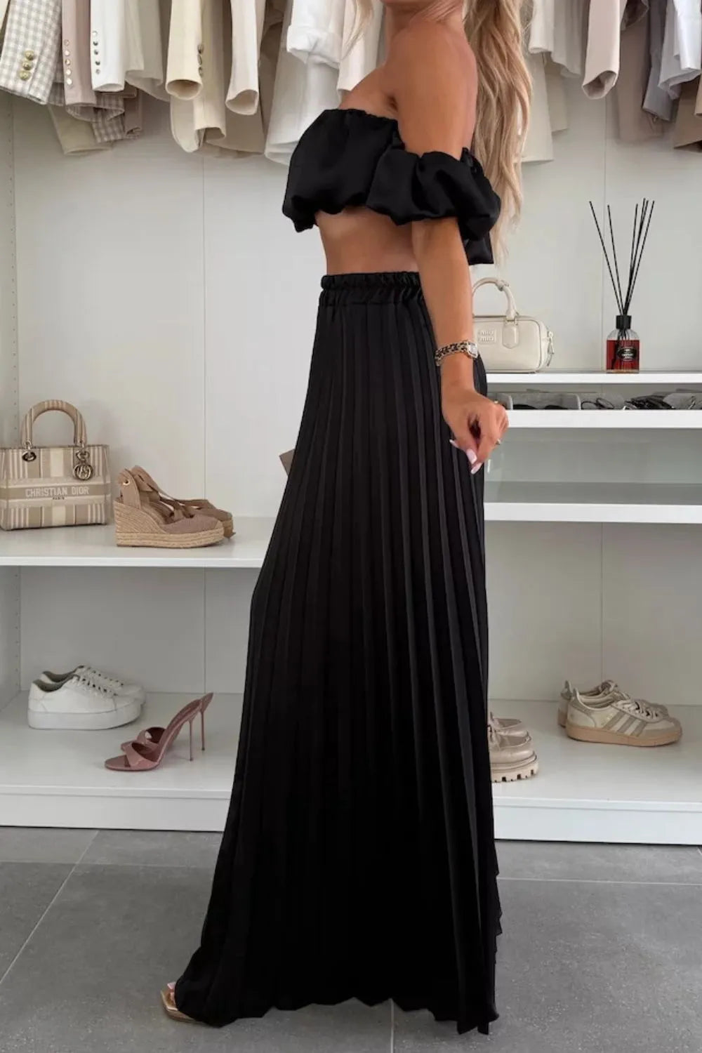 Off-shoulder Top and Pleated Pants Set