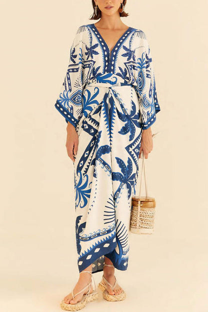 Palm Tree Print Fake Two Piece Lace Up Maxi Dress