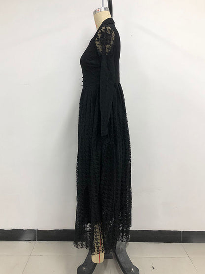 High Waisted Long Sleeves Buttoned Gauze See-through Color V-neck Maxi Dresses