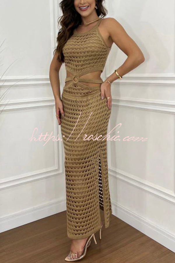 Gaze Knit Texture Ring Side Waist Cutout Stretch Maxi Dress