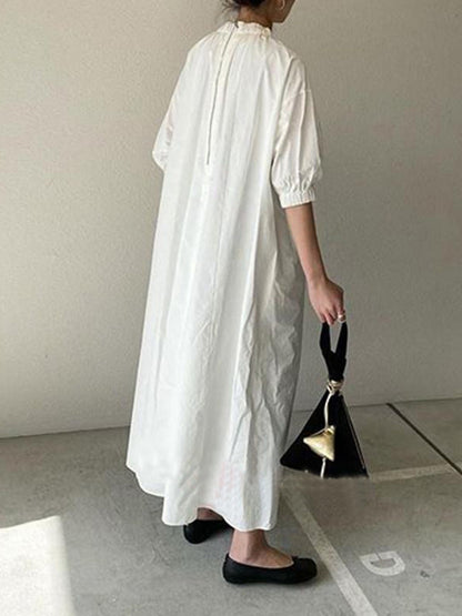 Loose Puff Sleeves Pleated Split-joint Zipper Stand Collar Maxi Dresses Shirt Dress