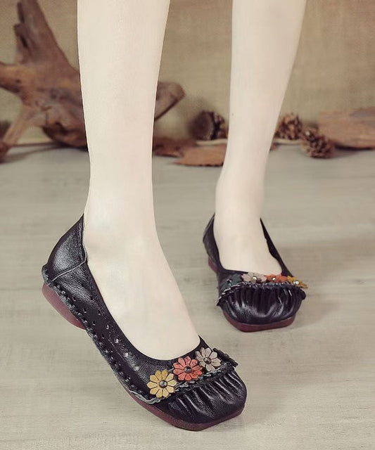 Retro Splicing Flat Feet Shoes Black Cowhide Leather