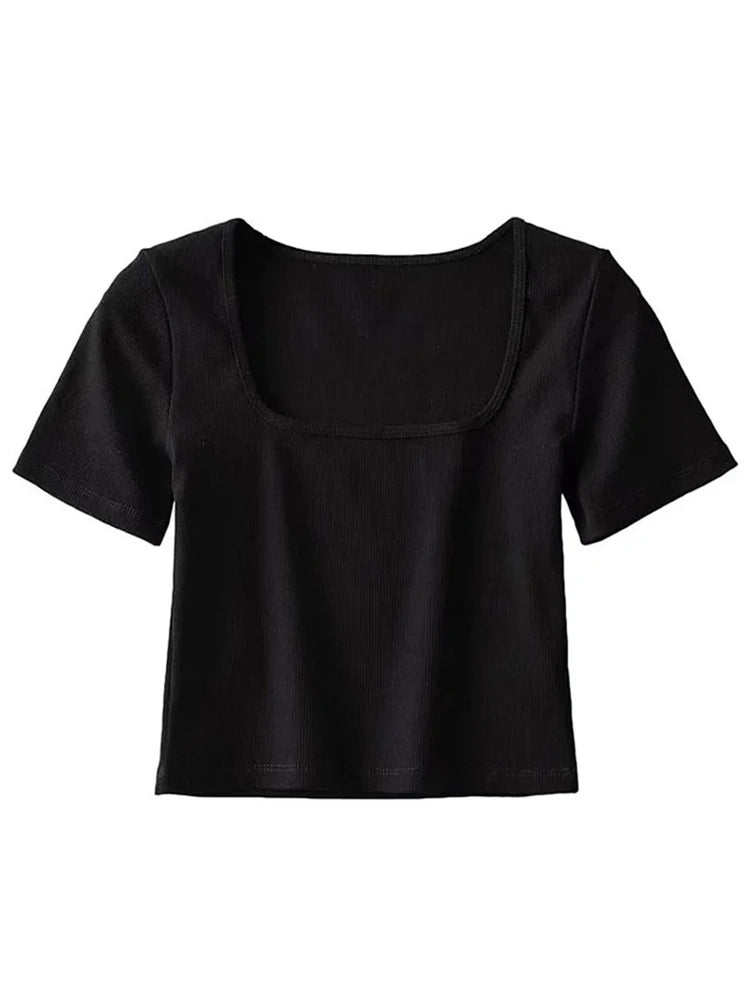 Square Neck Rib Crop T-shirt Short Sleeve Crop Top