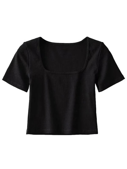Square Neck Rib Crop T-shirt Short Sleeve Crop Top