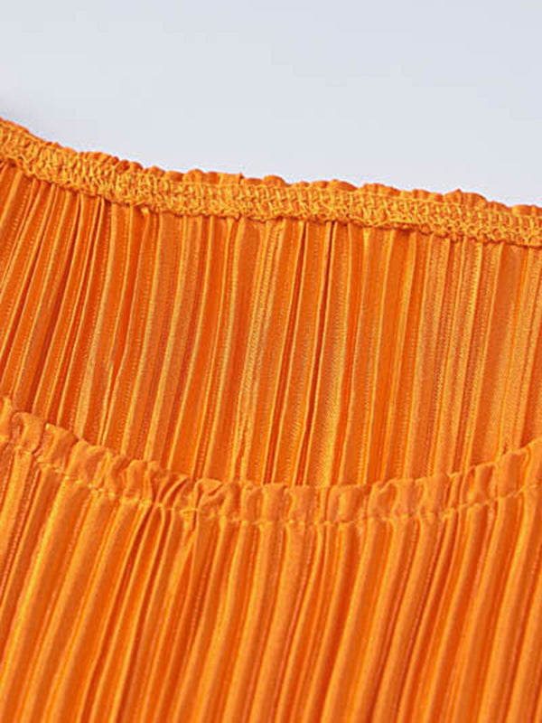 Long Sleeves Skinny Pleated Color Split-joint Round-neck Maxi Dresses