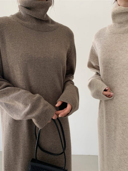 Long Sleeves Loose Color High-neck Sweater Dresses