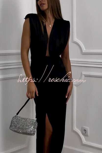 Classic and Dates V-neck Ruched Drape Slit Midi Dress