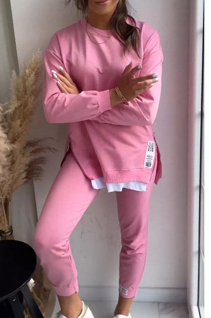 Color Round Neck Long-sleeved Sweatshirt and Elastic Waist Pants Set