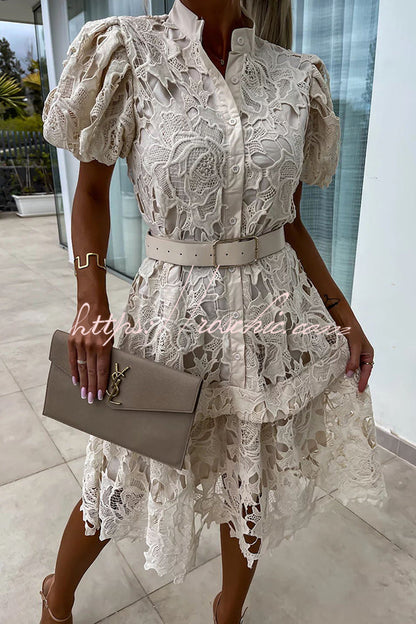 Absolutely Crochet Lace Puff Sleeve Belted Shirt Midi Dress