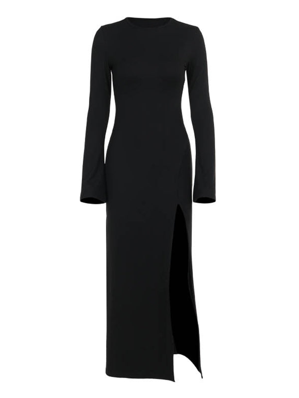Long Sleeves Loose Asymmetric Color Split-joint Split-side Round-neck Maxi Dresses