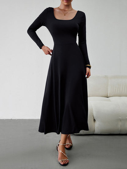 A-line High Waisted Color Tied Waist U-neck Midi Dresses