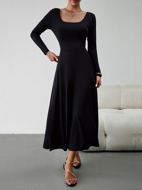 A-line High Waisted Color Tied Waist U-neck Midi Dresses