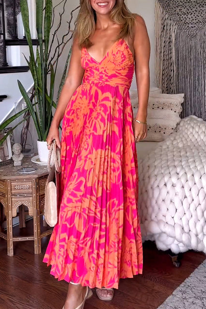 Wedding Party Season Print Pleated Back Tie-up Midi Dress