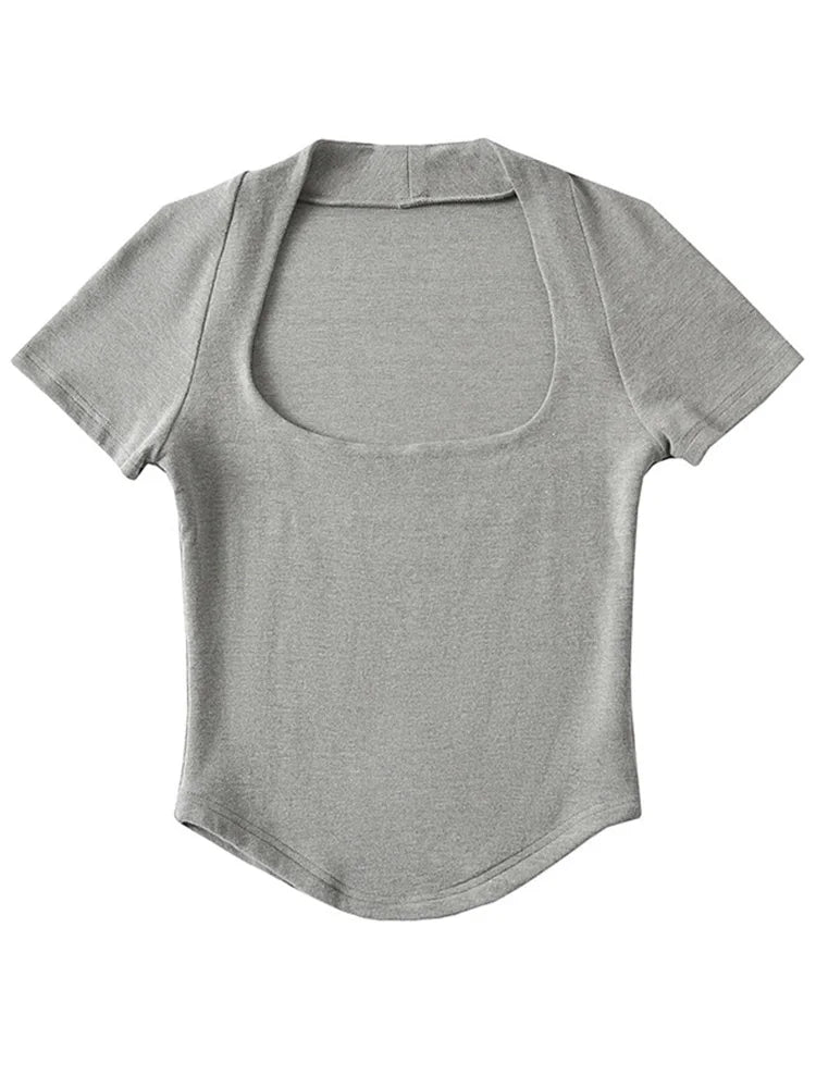Square Neck Rib Fit Tee Basic Short Sleeve Crop T-shirt
