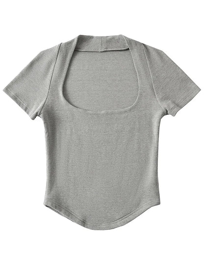 Square Neck Rib Fit Tee Basic Short Sleeve Crop T-shirt