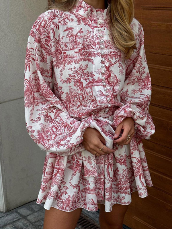 Loose Puff Sleeves Pleated Printed Split-joint Tied Waist Stand Collar Mini Dresses