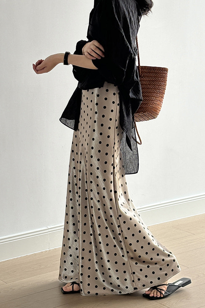 Polka Dot Satin High Waist A-line Midi Skirt