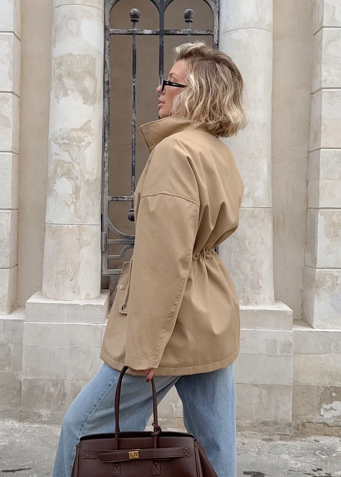 Beige Drawstring Waist Coat - Modern Mid-length Jacket