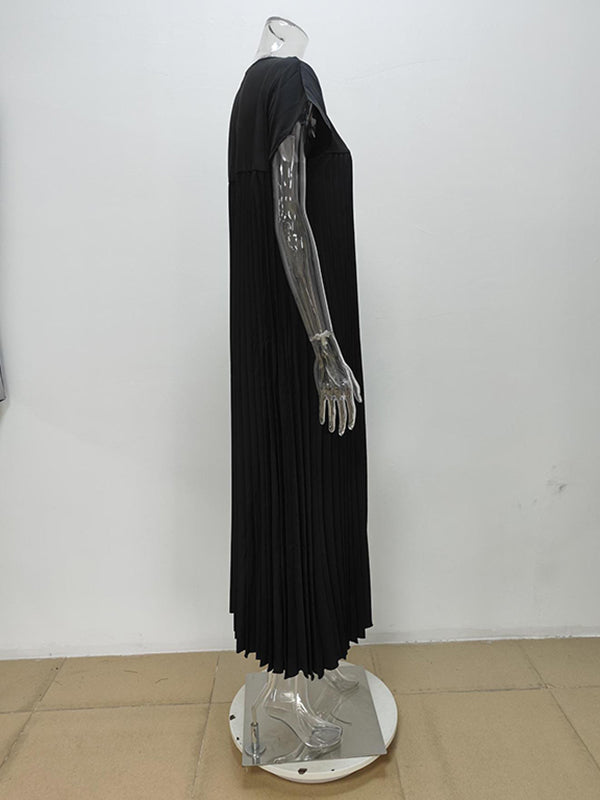 A-line High Waisted Pleated Pockets Color Split-joint Round-neck Maxi Dresses