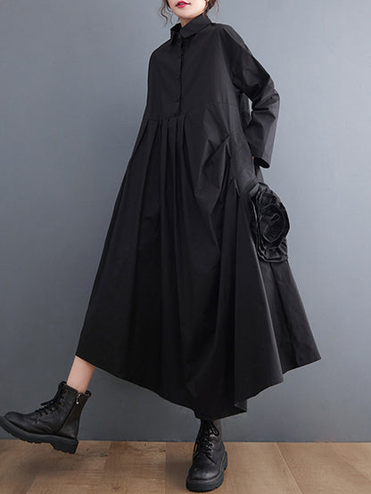 Urban Applique Pleated Long Sleeves Shirt Dress Midi Dress