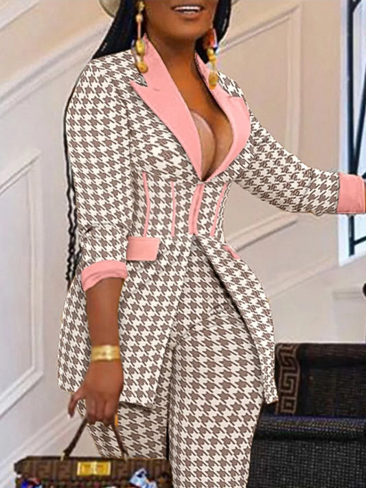 5xl Houndstooth Blazer Pants Set Two-piece Office Lady Outfits Spring