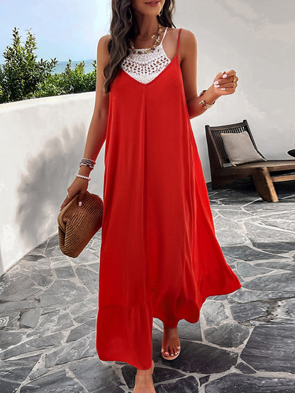 Loose Sleeveless Pleated Color Split-joint Spaghetti-neck Maxi Dresses