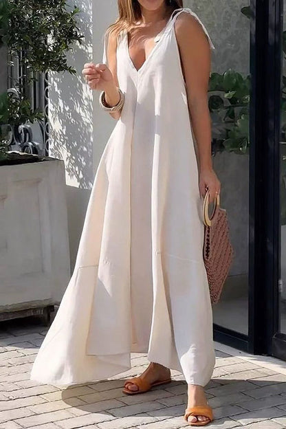 Color Sleeveless V Neck Strappy Maxi Dress