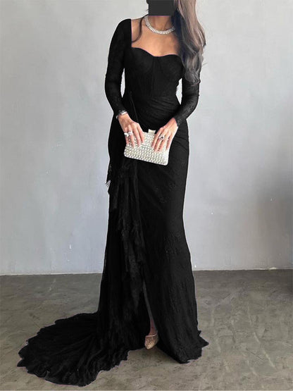 Long Sleeves Mermaid Mesh See-through Split-side Square-neck Evening Dresses Maxi Dresses