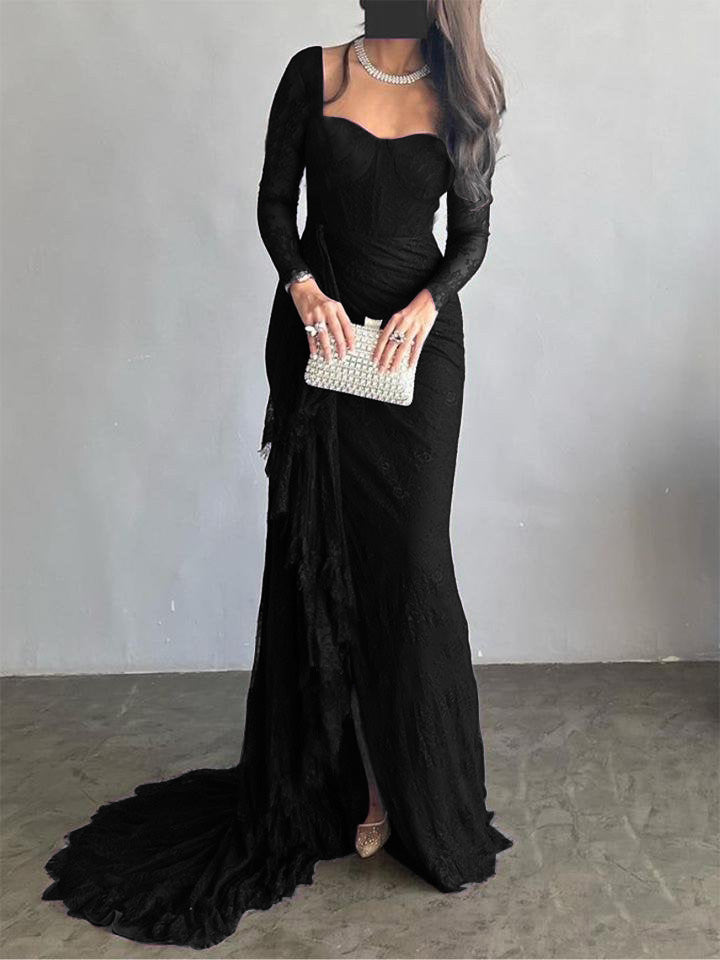 Long Sleeves Mermaid Mesh See-through Split-side Square-neck Evening Dresses Maxi Dresses