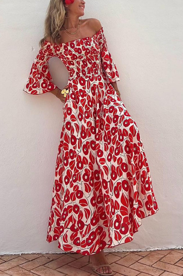 Vacation Style Fashionable Print Pleated One Shoulder Design Pocket Long Dress
