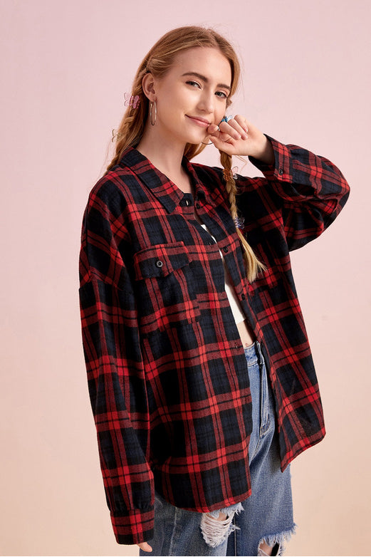 Plaid Stand Collar Button Shirt Blouse