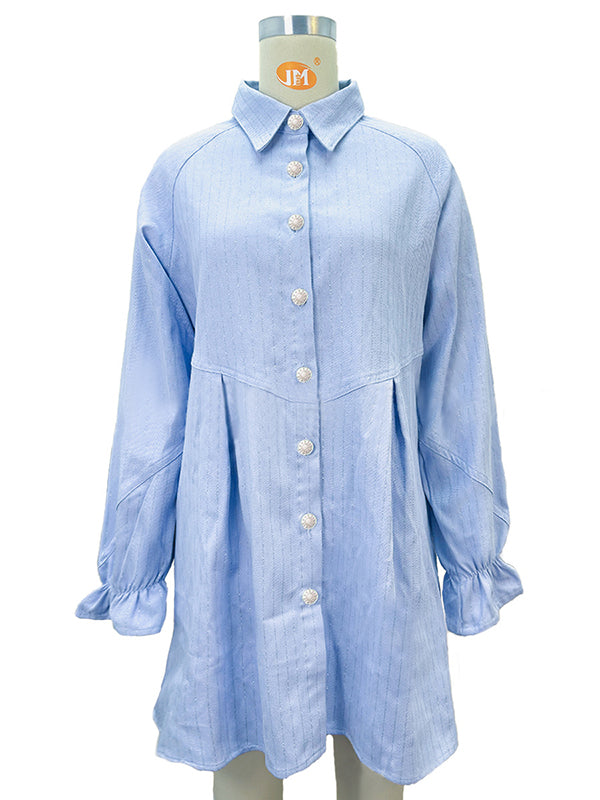 A-line Loose Pleated Split-joint Striped Lapel Mini Dresses Shirt Dress