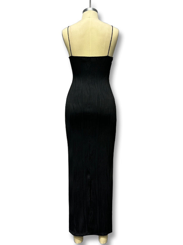 Bodycon Sleeveless Pleated Color Split-back Split-joint Zipper Spaghetti-neck Maxi Dresses