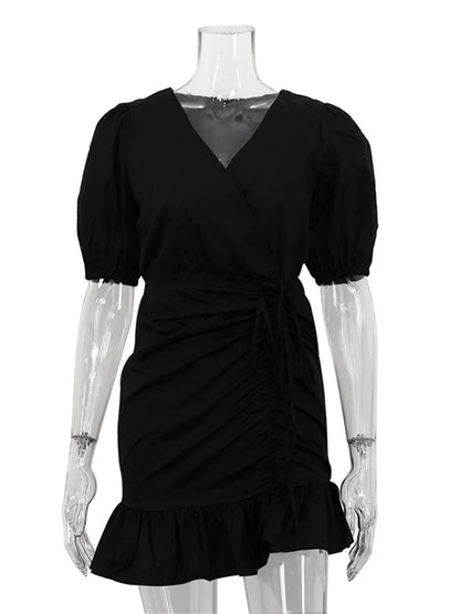 Drawstring V-neck Mini Dress Female Ruffled Short Sleeve Patchwork Lace-up White Dress ’s Bandage Party Dress