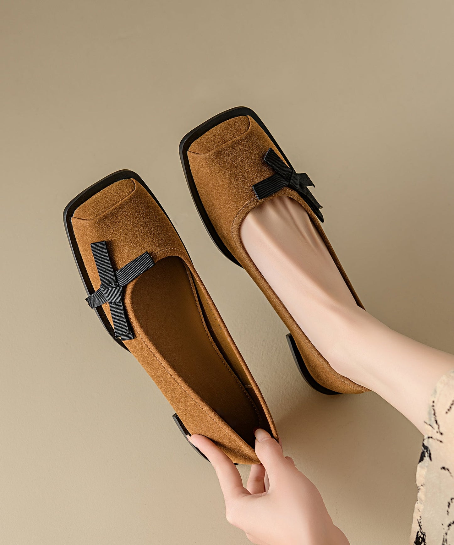 Apricot Suede Flat Shoes Splicing Bow