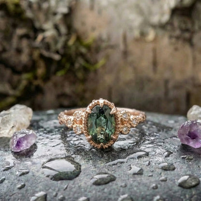 Vintage Green Inlaid Glass Gold Ring
