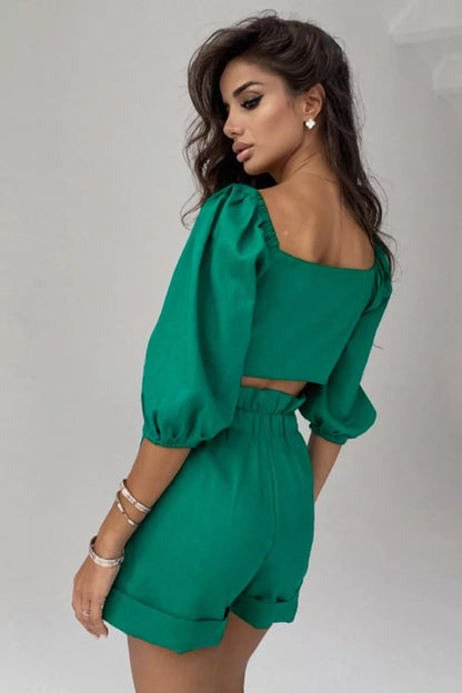 Linen Wrap Front Tie Puff Sleeve Shorts Sets in Green