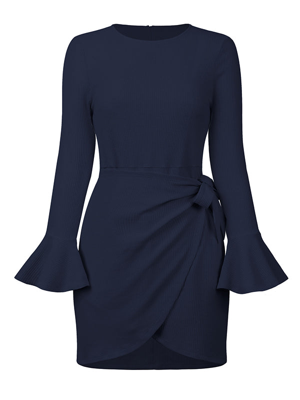 Simple Long Sleeves Skinny Tied Falbala Color Round-neck Mini Dresses