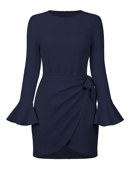 Simple Long Sleeves Skinny Tied Falbala Color Round-neck Mini Dresses